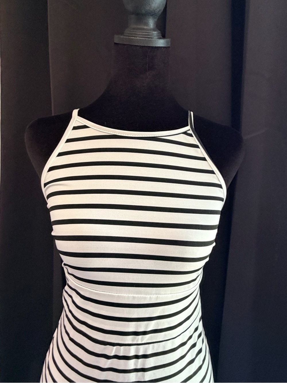 Striped White and Black Maxi Dress - Sleeveless Halter Style - Picture 3 of 10
